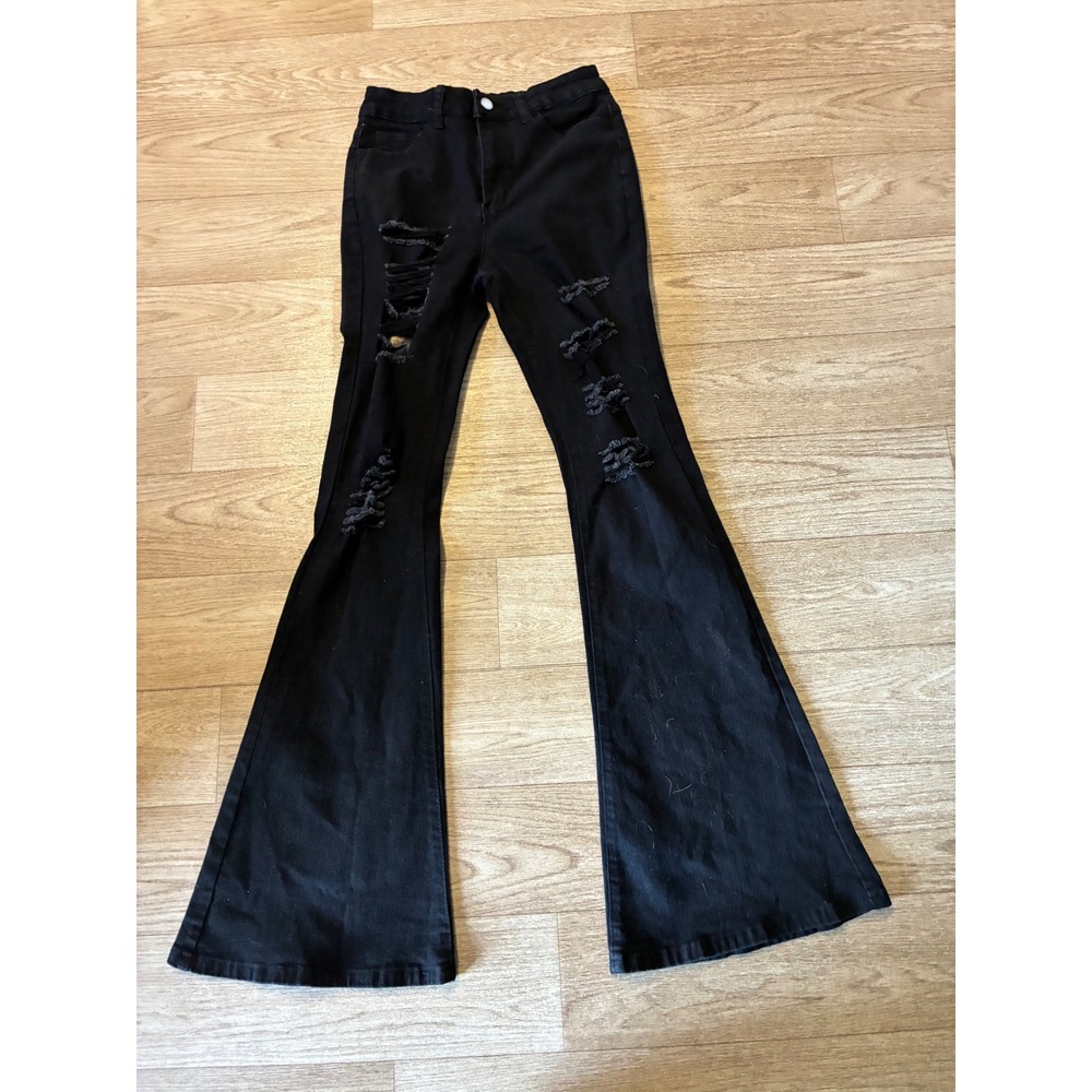 Black Distressed High Waisted Flare Jeans Shredded Bell Bottom sold